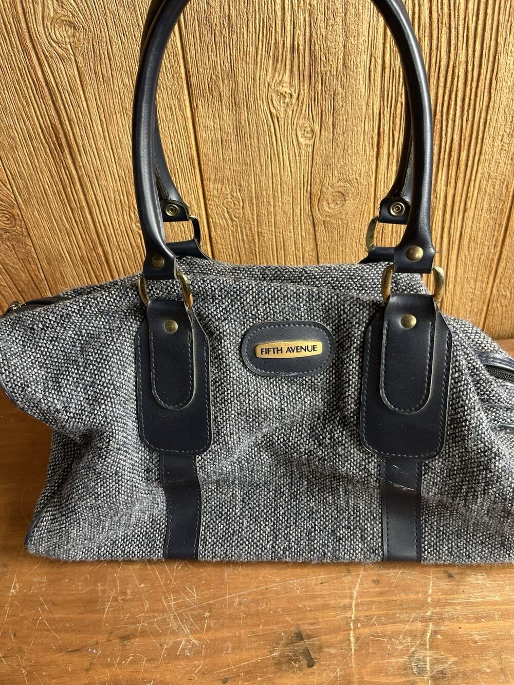 Fifth Avenue Gray Tweed Satchel Purse Womens Top Handle Bag Gold Hardware Zip